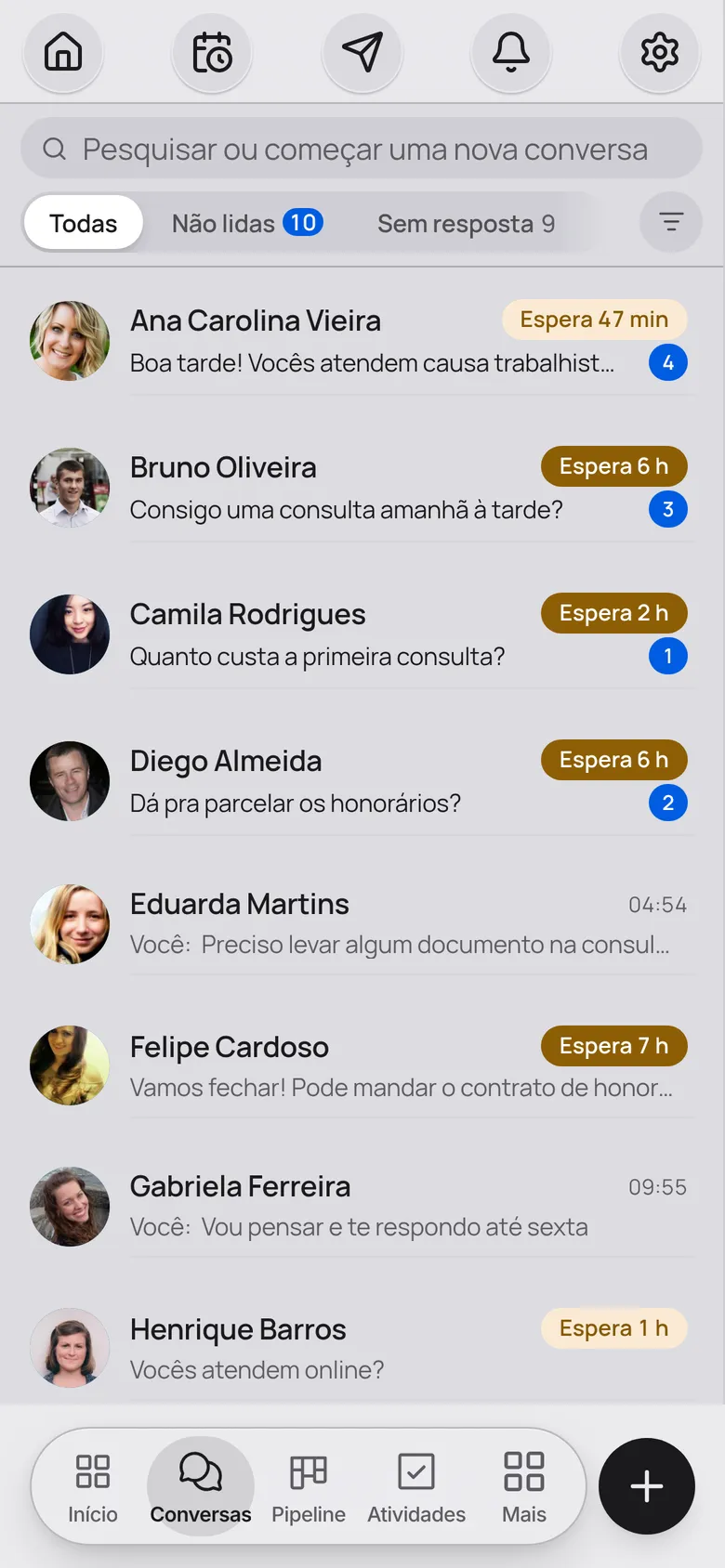 Com Convello: Todo mundo atende no número do escritório, e cada cliente fala com o advogado responsável.