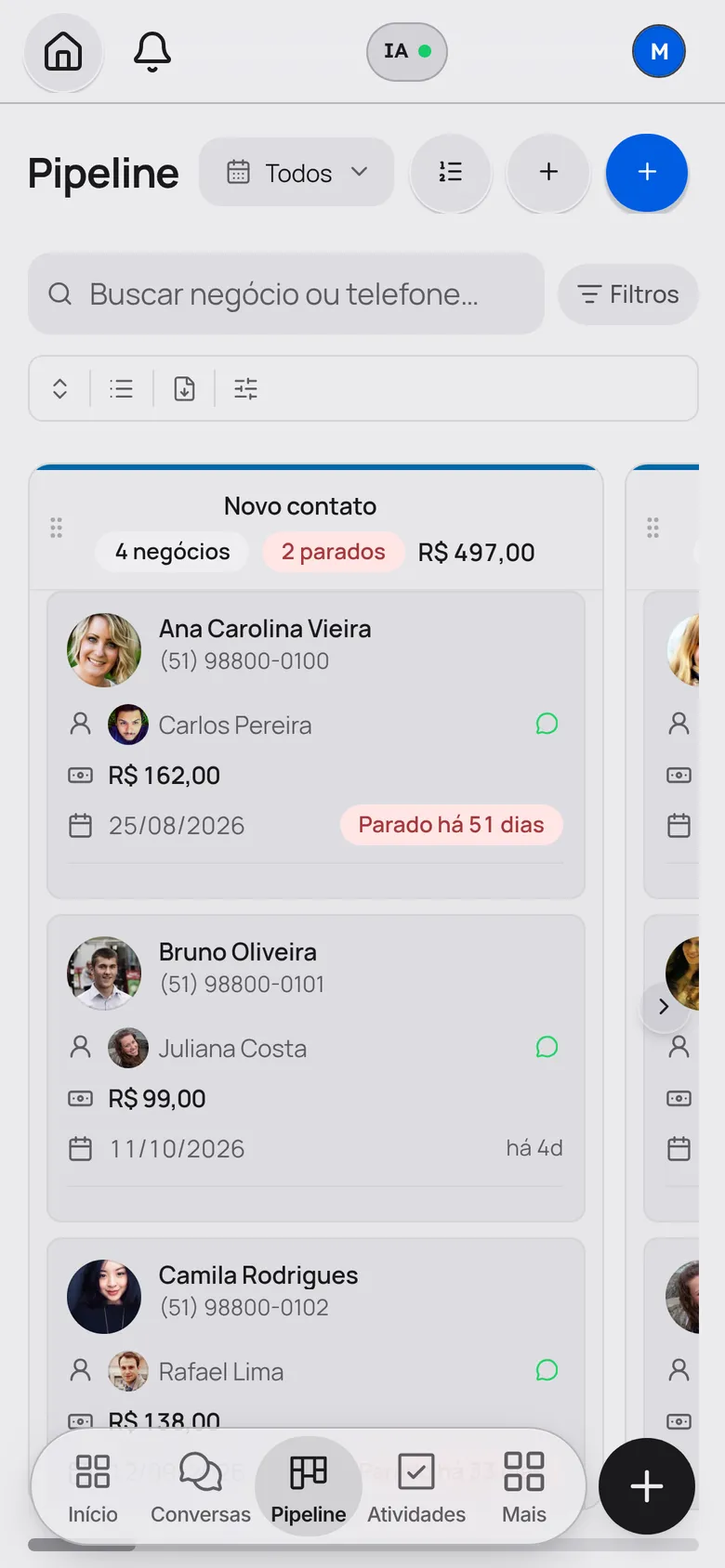 O funil anda junto com a conversa: tela do app no celular