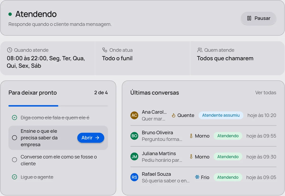 Tela do agente de IA do Convello, com o horário em que ele atende, onde atua e as últimas conversas