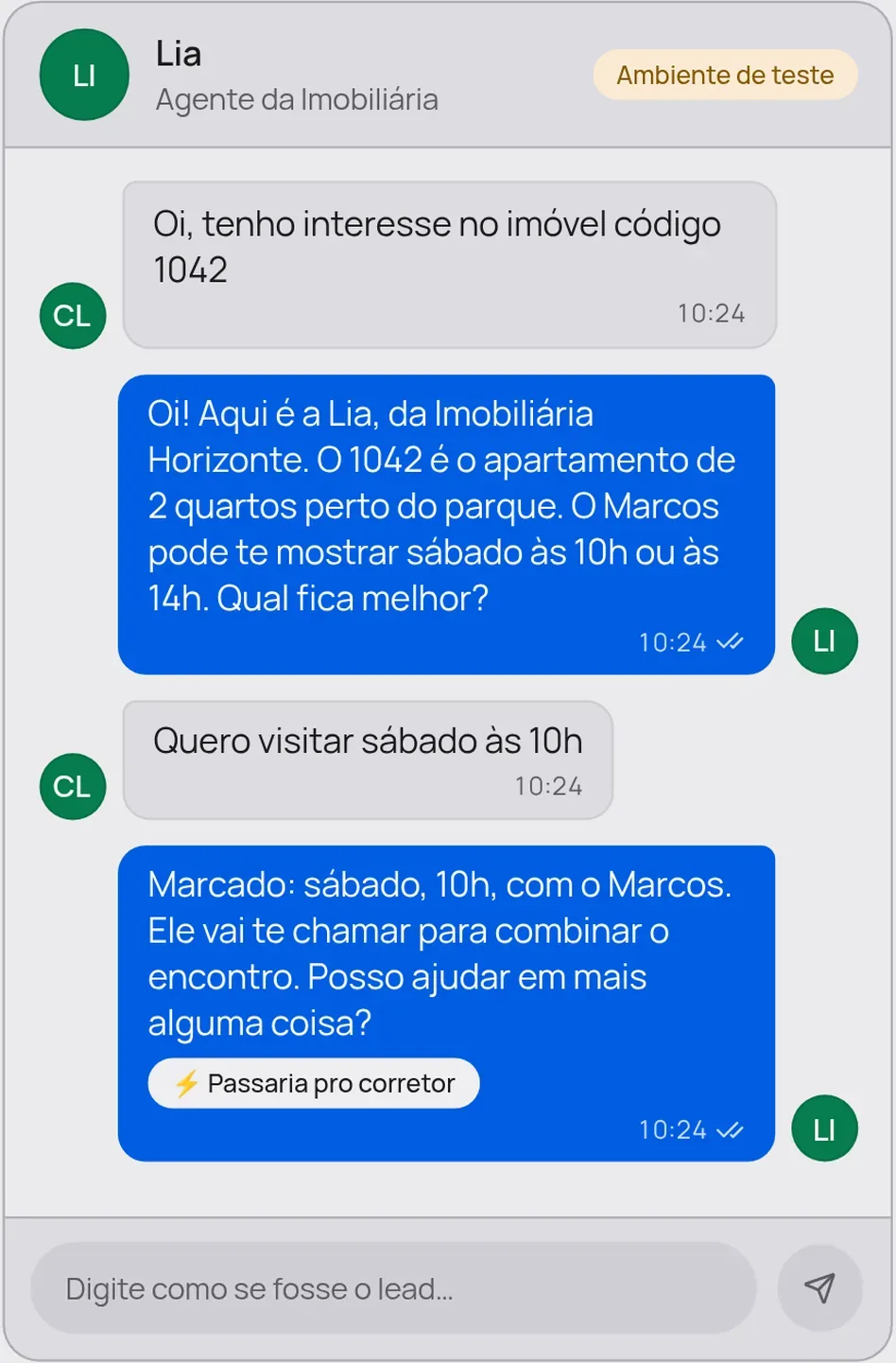 Com Convello: A IA responde na hora, pergunta região, quartos e se já tem financiamento, e oferece visita no horário livre do corretor.